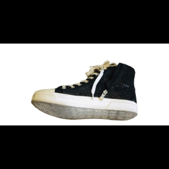 Glitter Hi Top Sneakers With Stud Detailing & Side Zipper Black/Silver Sz 7/UK 5 - Picture 5 of 8